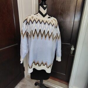 Lands End Fair Isle 1X Nordic Sweater‎ Light Blue Cream Brown Zig Zag Pattern